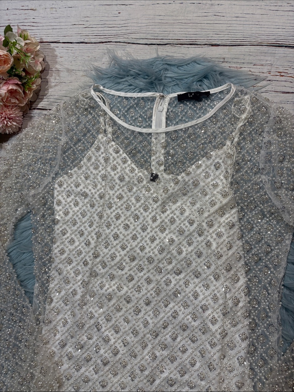 NWT Lulus Glowing Charisma White Sequin Pearl Mesh Long Sleeve Mini Dress - Picture 8 of 9
